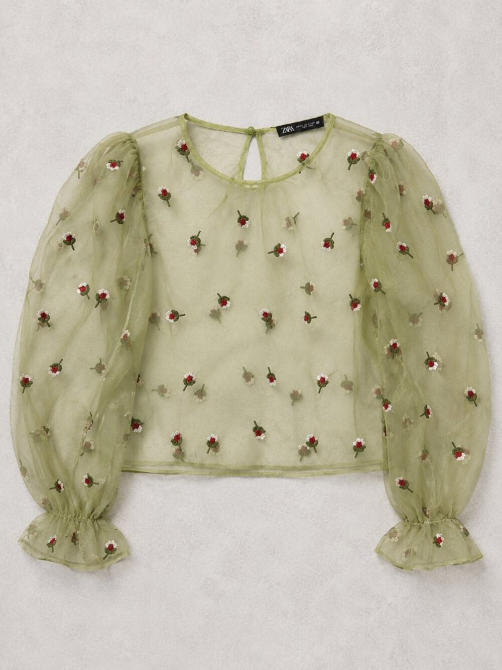 ZARA Sheer Embroidered Floral Organza Blouse Medium Puff Sleeve | Sage Green